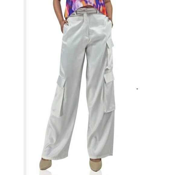 New HT360 COLLECTIVE Wide Leg Cargo Pants In White P147 - Picture 1 of 9